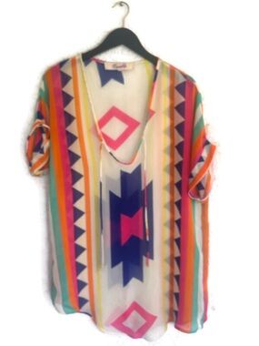 Emmelee Sheer Colorful Aztec Print Beach Cover Up M/L